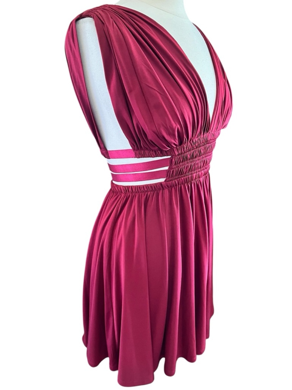 Express Burgundy Greek Goddess Style Mini Dress elastic ribbon Waistband Size S - Picture 3 of 11